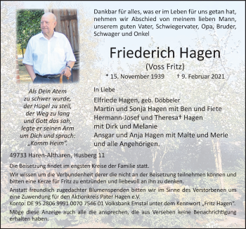 Traueranzeige von Friederich Hagen von Neue Osnabrücker Zeitung GmbH & Co. KG