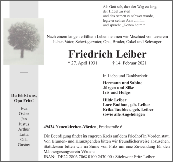 Traueranzeige von Friedrich Leiber von Neue Osnabrücker Zeitung GmbH & Co. KG