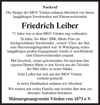 Traueranzeige von Friedrich Leiber von Neue Osnabrücker Zeitung GmbH & Co. KG