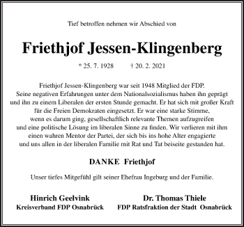 Traueranzeige von Friethjof Jessen-Klingenberg von Neue Osnabrücker Zeitung GmbH & Co. KG