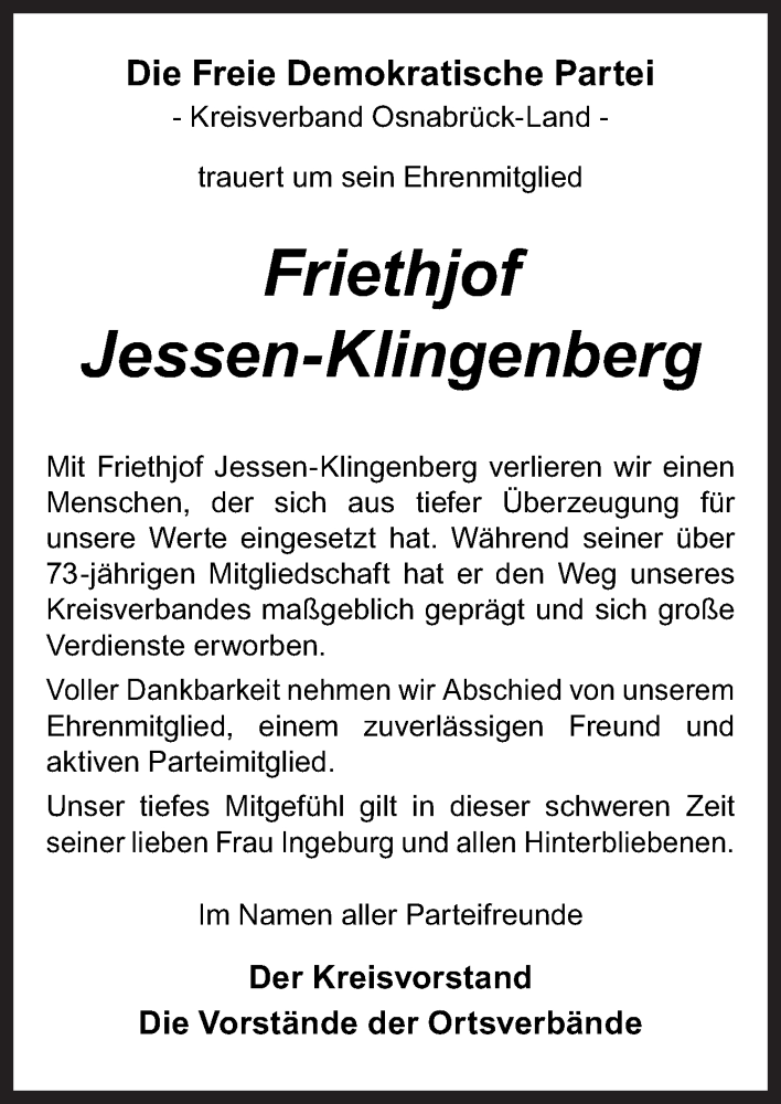  Traueranzeige für Friethjof Jessen-Klingenberg vom 27.02.2021 aus Neue Osnabrücker Zeitung GmbH & Co. KG