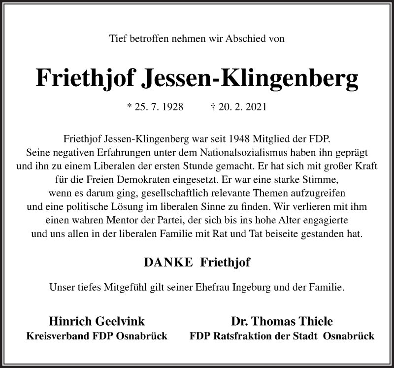  Traueranzeige für Friethjof Jessen-Klingenberg vom 27.02.2021 aus Neue Osnabrücker Zeitung GmbH & Co. KG
