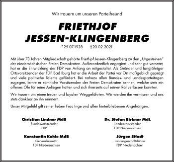 Traueranzeige von Friethjof Jessen-Klingenberg von Neue Osnabrücker Zeitung GmbH & Co. KG