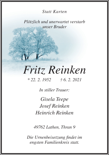 Traueranzeige von Fritz Reinken von Neue Osnabrücker Zeitung GmbH & Co. KG