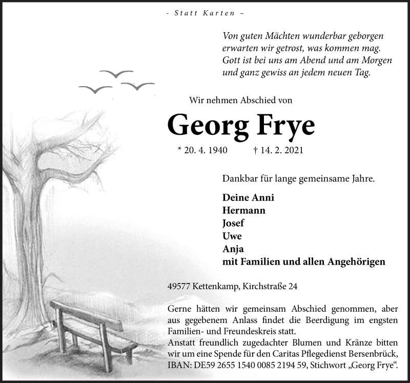  Traueranzeige für Georg Frye vom 16.02.2021 aus Neue Osnabrücker Zeitung GmbH & Co. KG