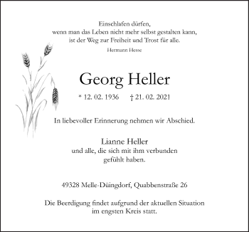 Traueranzeige von Georg Heller von Neue Osnabrücker Zeitung GmbH & Co. KG