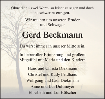 Traueranzeige von Gerd Beckmann von Neue Osnabrücker Zeitung GmbH & Co. KG