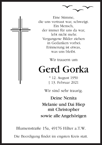 Traueranzeige von Gerd Gorka von Neue Osnabrücker Zeitung GmbH & Co. KG