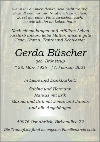Traueranzeige von Gerda Büscher von Neue Osnabrücker Zeitung GmbH & Co. KG