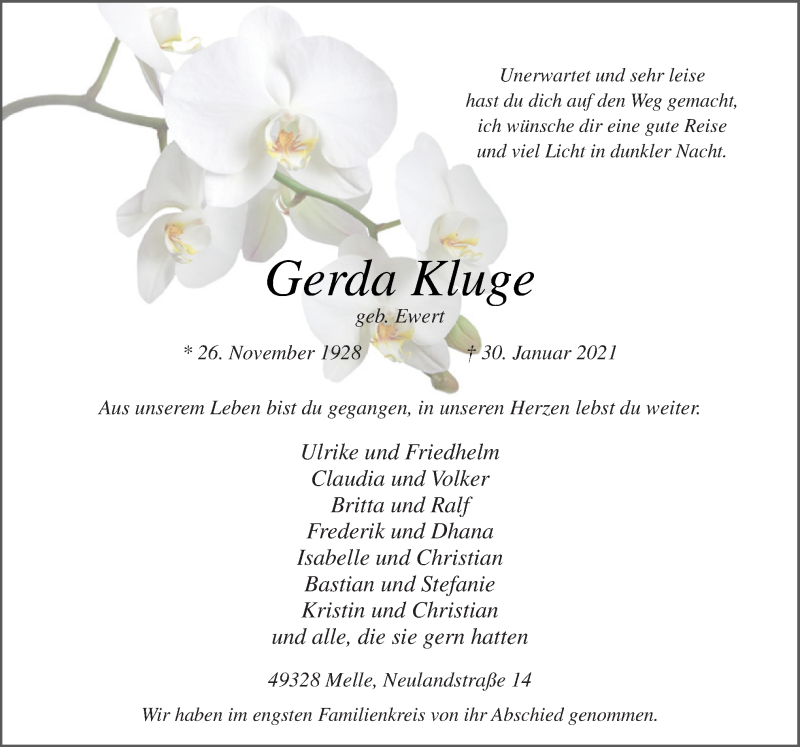  Traueranzeige für Gerda Kluge vom 13.02.2021 aus Neue Osnabrücker Zeitung GmbH & Co. KG