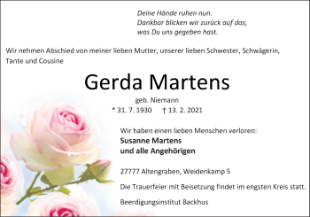 Traueranzeige von Gerda Martens von Neue Osnabrücker Zeitung GmbH & Co. KG
