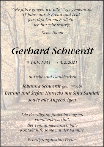 Traueranzeige von Gerhard Schwerdt von Neue Osnabrücker Zeitung GmbH & Co. KG