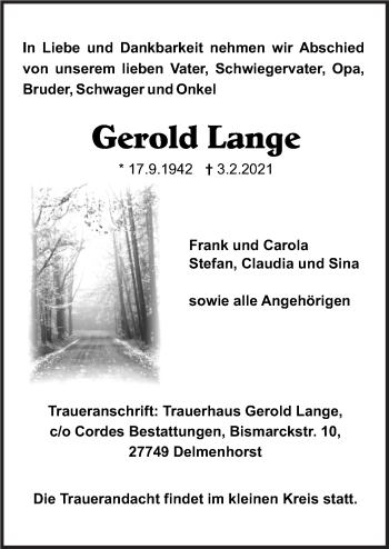 Traueranzeige von Gerold Lange von Neue Osnabrücker Zeitung GmbH & Co. KG