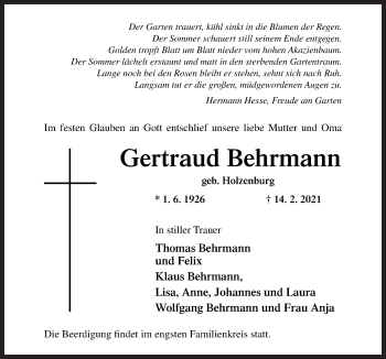 Traueranzeige von Gertraud Behrmann von Neue Osnabrücker Zeitung GmbH & Co. KG