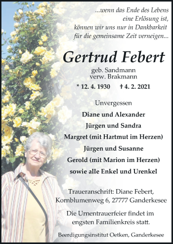 Traueranzeige von Gertrud Febert von Neue Osnabrücker Zeitung GmbH & Co. KG