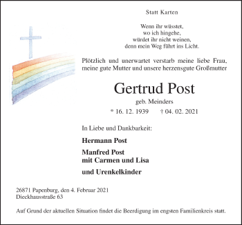 Traueranzeige von Gertrud Post von Neue Osnabrücker Zeitung GmbH & Co. KG