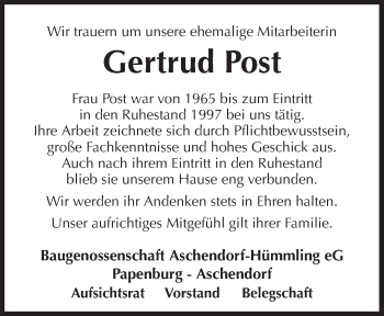 Traueranzeige von Gertrud Post von Neue Osnabrücker Zeitung GmbH & Co. KG