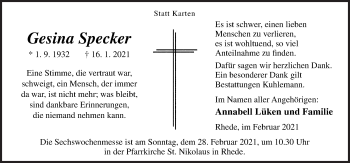 Traueranzeige von Gesina Specker von Neue Osnabrücker Zeitung GmbH & Co. KG