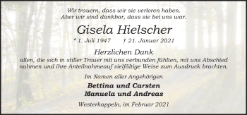 Traueranzeige von Gisela Hielscher von Neue Osnabrücker Zeitung GmbH & Co. KG