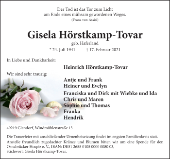 Traueranzeige von Gisela Hörstkamp-Tovar von Neue Osnabrücker Zeitung GmbH & Co. KG