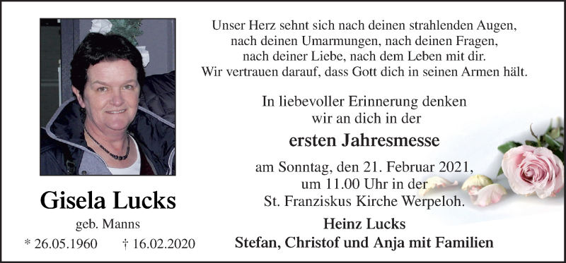  Traueranzeige für Gisela Lucks vom 16.02.2021 aus Neue Osnabrücker Zeitung GmbH & Co. KG