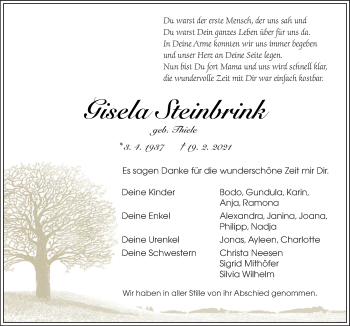 Traueranzeige von Gisela Steinbrink von Neue Osnabrücker Zeitung GmbH & Co. KG