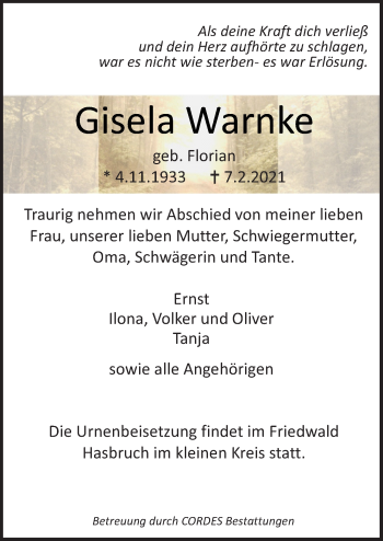 Traueranzeige von Gisela Warnke von Neue Osnabrücker Zeitung GmbH & Co. KG