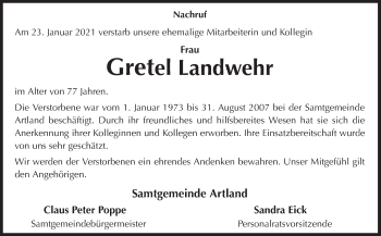 Traueranzeige von Gretel Landwehr von Neue Osnabrücker Zeitung GmbH & Co. KG