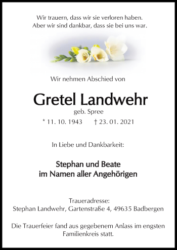 Traueranzeige von Gretel Landwehr von Neue Osnabrücker Zeitung GmbH & Co. KG