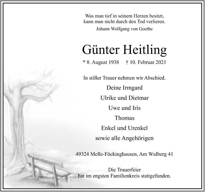  Traueranzeige für Günter Heitling vom 19.02.2021 aus Neue Osnabrücker Zeitung GmbH & Co. KG
