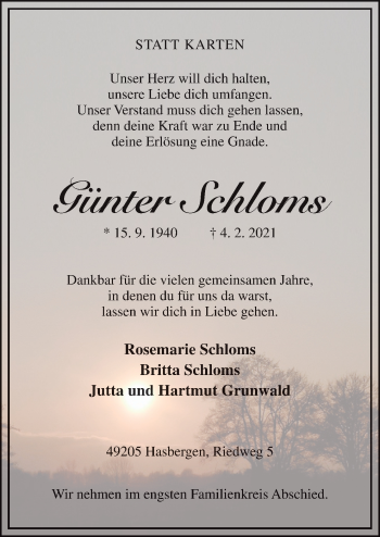 Traueranzeige von Günter Schloms von Neue Osnabrücker Zeitung GmbH & Co. KG