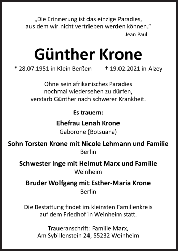 Traueranzeige von Günther Krone von Neue Osnabrücker Zeitung GmbH & Co. KG