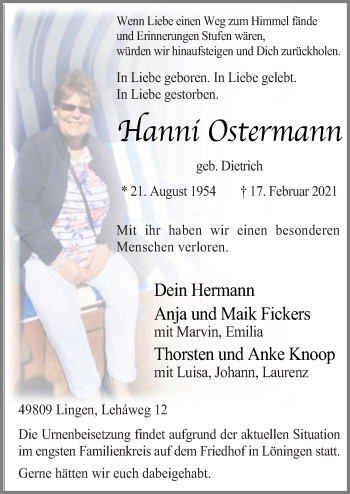 Traueranzeige von Hanni Ostermann von Neue Osnabrücker Zeitung GmbH & Co. KG