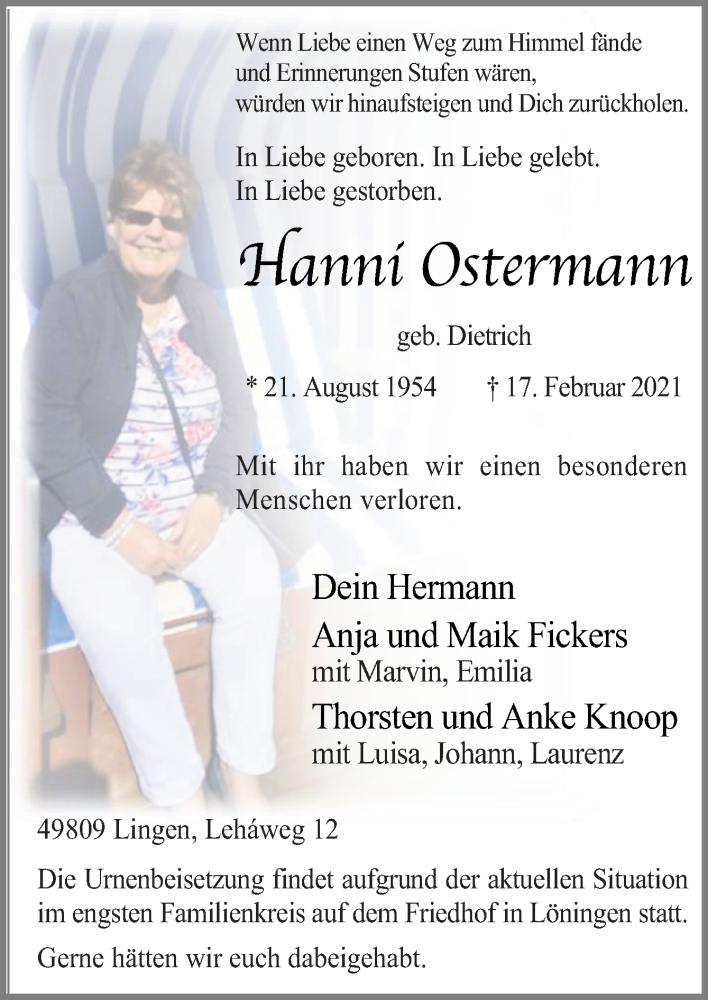  Traueranzeige für Hanni Ostermann vom 23.02.2021 aus Neue Osnabrücker Zeitung GmbH & Co. KG