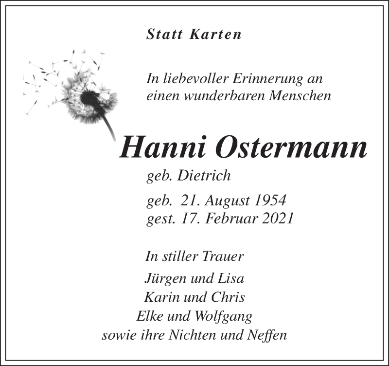  Traueranzeige für Hanni Ostermann vom 26.02.2021 aus Neue Osnabrücker Zeitung GmbH & Co. KG