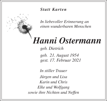 Traueranzeige von Hanni Ostermann von Neue Osnabrücker Zeitung GmbH & Co. KG