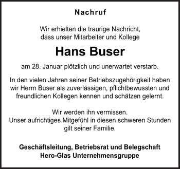 Traueranzeige von Hans Buser von Neue Osnabrücker Zeitung GmbH & Co. KG