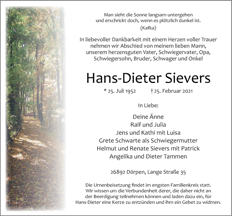  Traueranzeige für Hans-Dieter Sievers vom 27.02.2021 aus Neue Osnabrücker Zeitung GmbH & Co. KG