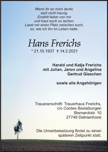 Traueranzeige von Hans Frerichs von Neue Osnabrücker Zeitung GmbH & Co. KG