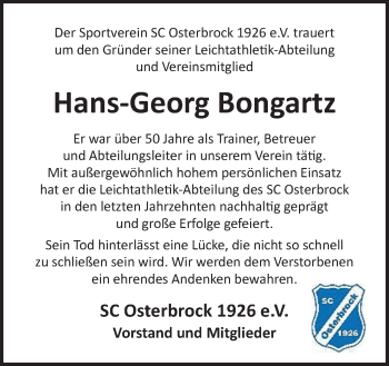 Traueranzeige von Hans-Georg Bongartz von Neue Osnabrücker Zeitung GmbH & Co. KG