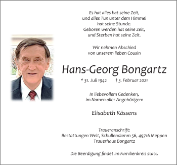 Traueranzeige von Hans-Georg Bongartz von Neue Osnabrücker Zeitung GmbH & Co. KG