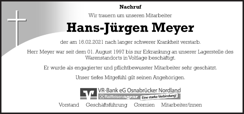  Traueranzeige für Hans-Jürgen Meyer vom 23.02.2021 aus Neue Osnabrücker Zeitung GmbH & Co. KG