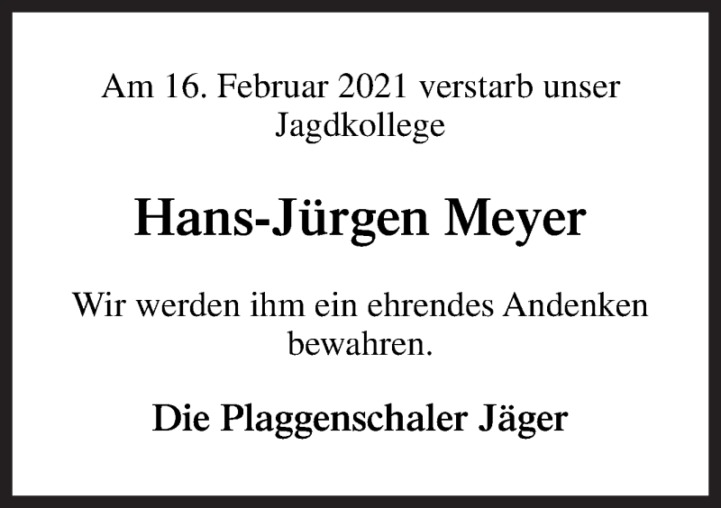  Traueranzeige für Hans-Jürgen Meyer vom 20.02.2021 aus Neue Osnabrücker Zeitung GmbH & Co. KG