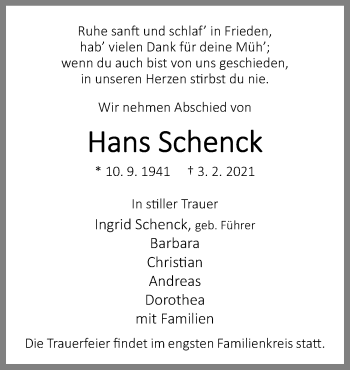 Traueranzeige von Hans Schenck von Neue Osnabrücker Zeitung GmbH & Co. KG