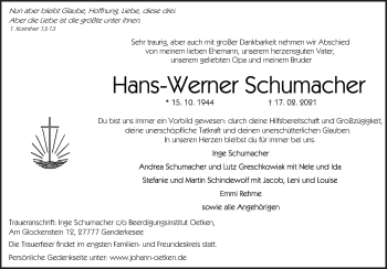 Traueranzeige von Hans-Werner Schumacher von Neue Osnabrücker Zeitung GmbH & Co. KG