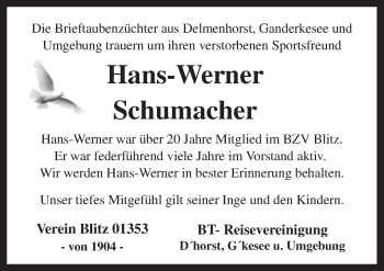 Traueranzeige von Hans-Werner Schumacher von Neue Osnabrücker Zeitung GmbH & Co. KG