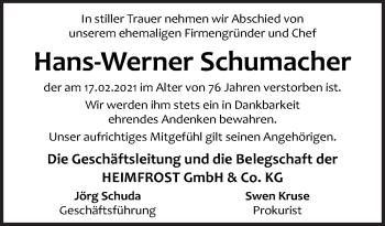 Traueranzeige von Hans-Werner Schumacher von Neue Osnabrücker Zeitung GmbH & Co. KG