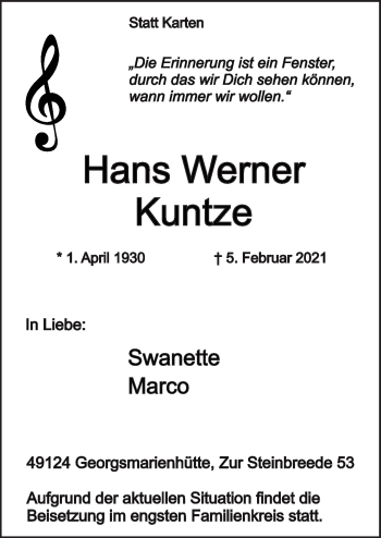 Traueranzeige von Hans Werner Kuntze von Neue Osnabrücker Zeitung GmbH & Co. KG