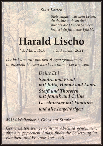 Traueranzeige von Harald Lischo von Neue Osnabrücker Zeitung GmbH & Co. KG