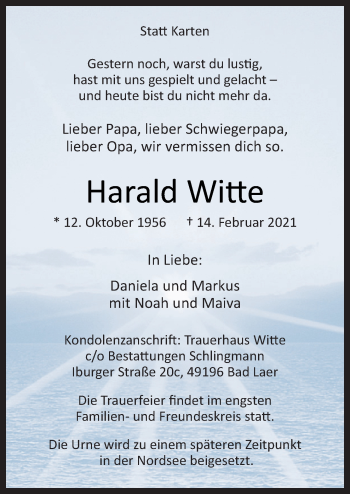 Traueranzeige von Harald Witte von Neue Osnabrücker Zeitung GmbH & Co. KG